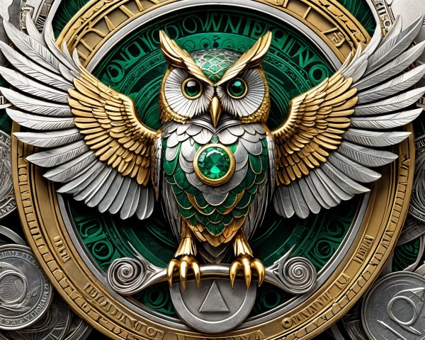 Majestic owl with gold and silver wings and gem