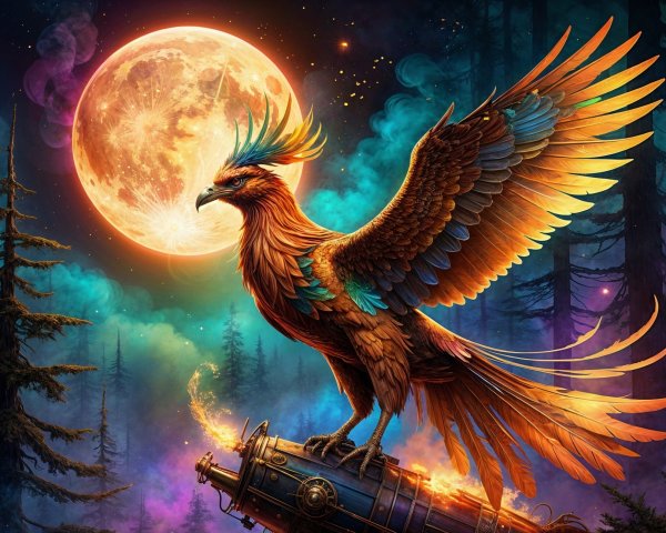 Majestic phoenix atop ornate cannon under full moon