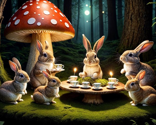 Whimsical Forest Tea Party with Rabbits and Mushrooms