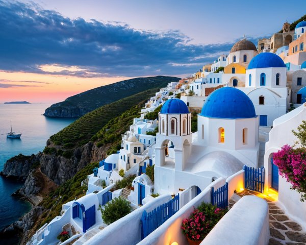Santorini Sunset with Whitewashed Buildings and Sea View