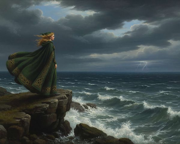 Young Woman in Green Cloak on Rocky Cliff by Sea