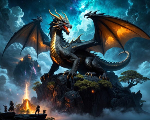 Majestic Black Dragon in Mystical Night Landscape