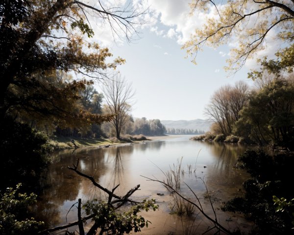 Serene River Scene with Autumn Foliage and Reflections