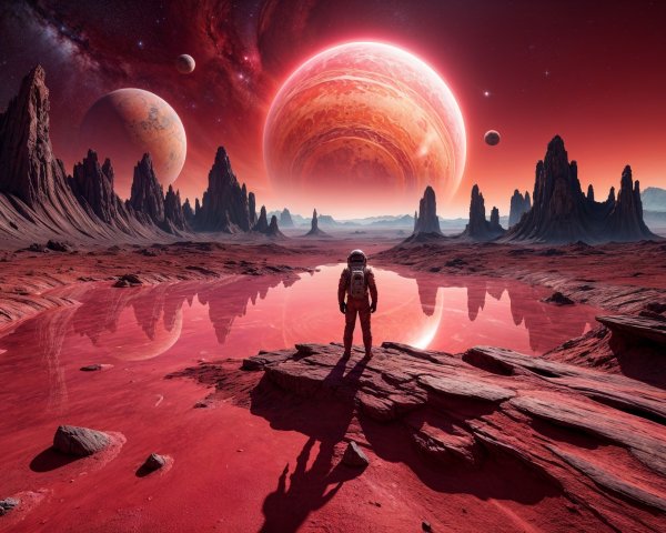 Astronaut Observes Alien Landscape with Gas Giant Sky
