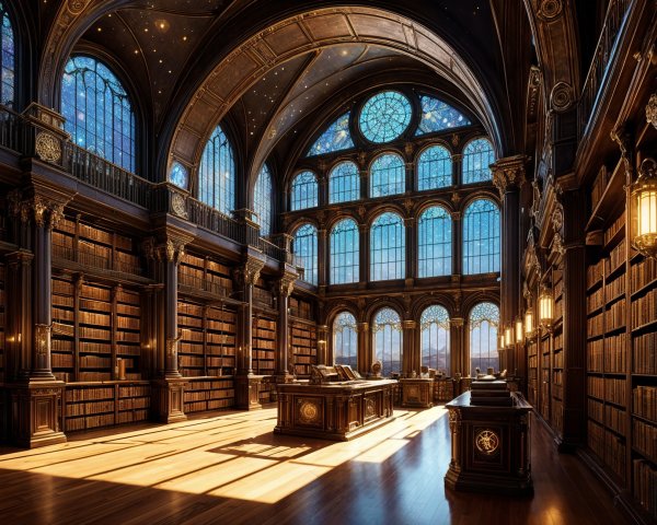 Opulent library with high ceilings and stained glass