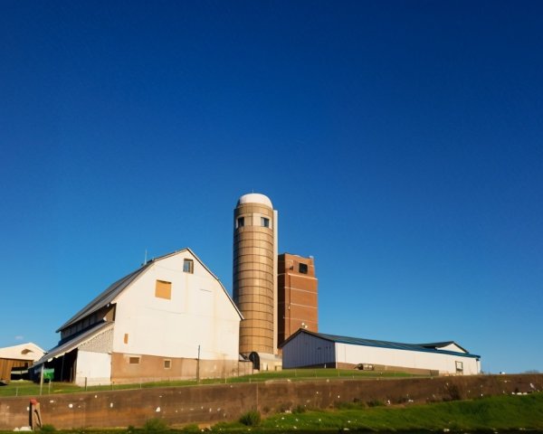Picturesque Farm Scene with Barn and Silos Under Sky