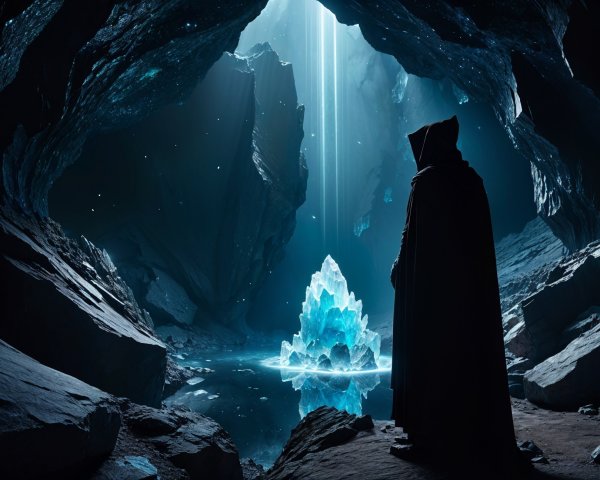 Cloaked Figure by Crystal Formation in Mystical Cave