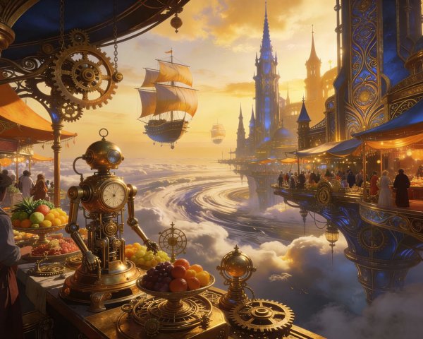 Steampunk Floating City Marketplace at Sunset
