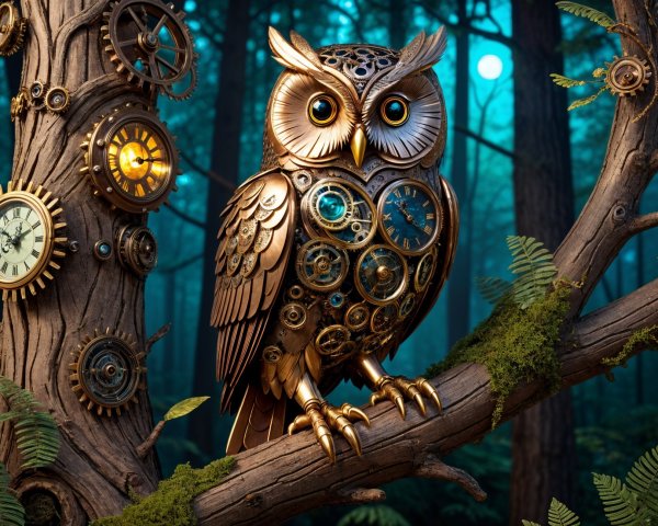 Steampunk Owl in a Mystical Forest Setting