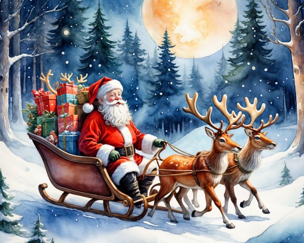 Santa Claus in a sleigh with gifts in a snowy forest