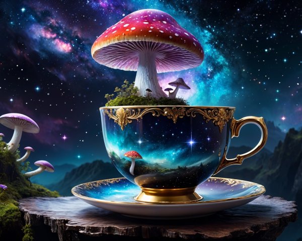 Whimsical Teacup with Cosmic Scene and Fungi