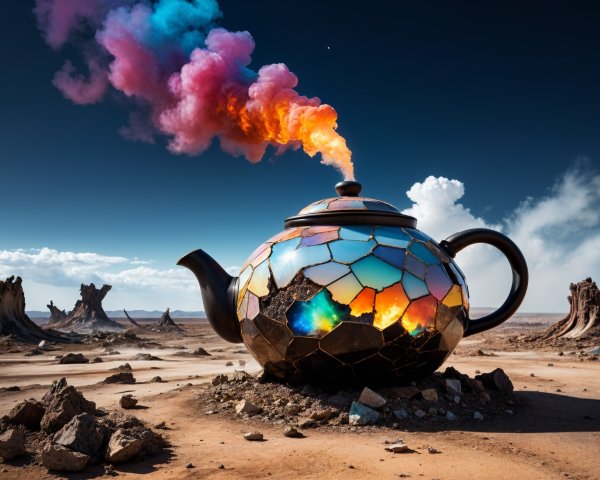 Iridescent Teapot in Surreal Desert Landscape