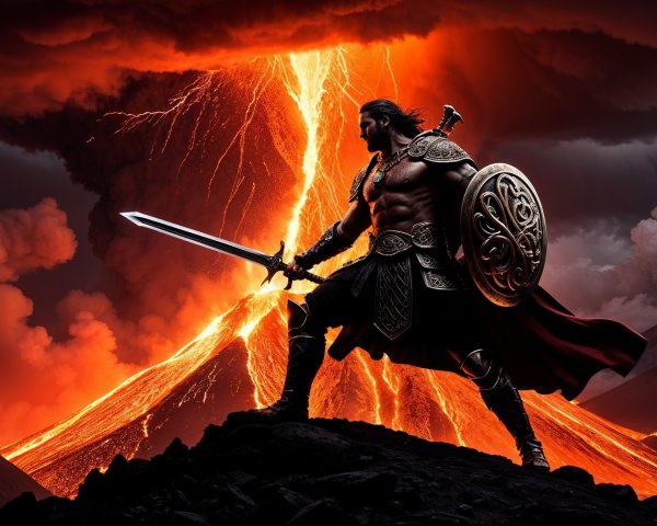 Warrior in Armor Against Fiery Volcanic Landscape