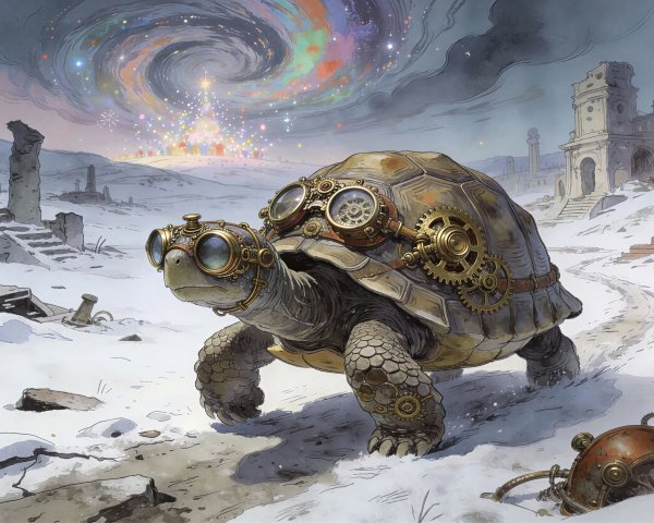 Steampunk Tortoise in Snowy Landscape with Celestial Scene
