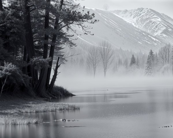 Tranquil Black-and-White Landscape with Lake and Mountains