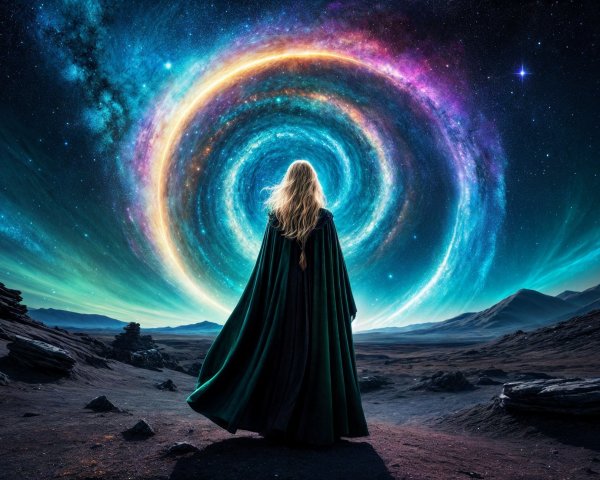 Figure in Green Cloak Observing Colorful Spiral Galaxy