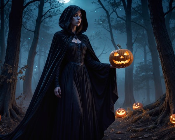 Solitary Figure in Cloak with Pumpkin in Moonlit Forest