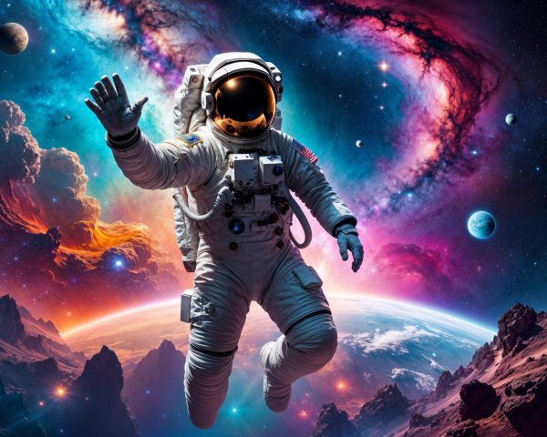 Astronaut in Space Amidst Colorful Nebulae and Galaxies