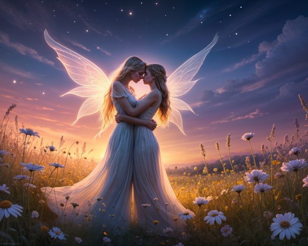 Ethereal Figures Embrace in Twilight with Daisies