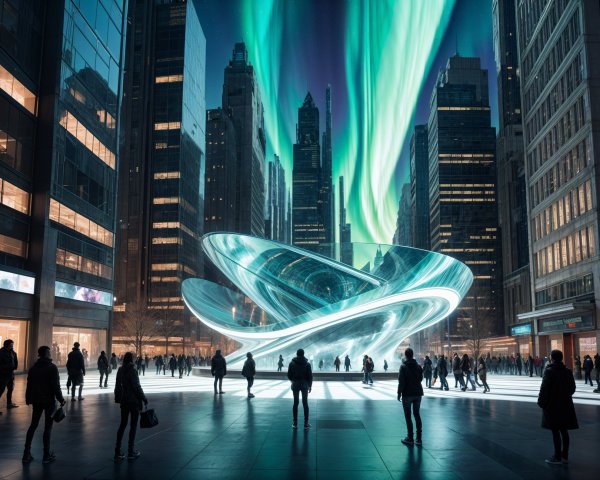 Futuristic Cityscape with Skyscrapers and Aurora Borealis