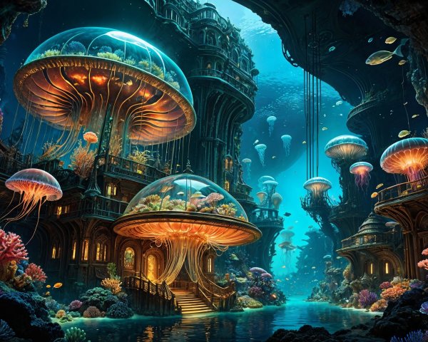 Underwater City with Bioluminescent Jellyfish and Coral