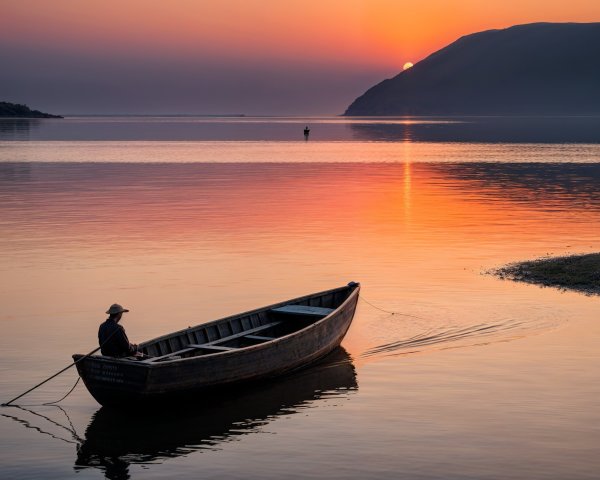Lone Fisherman on Calm Waters at Sunset