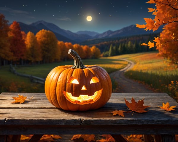 Glowing Jack-o'-Lantern on Rustic Table with Autumn Leaves