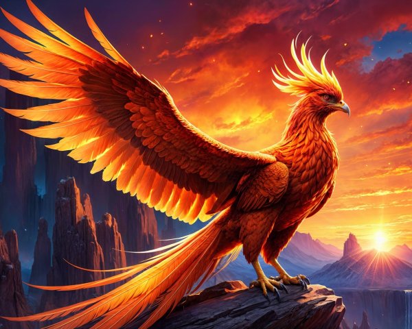 Majestic Phoenix on Rocky Ledge at Sunset