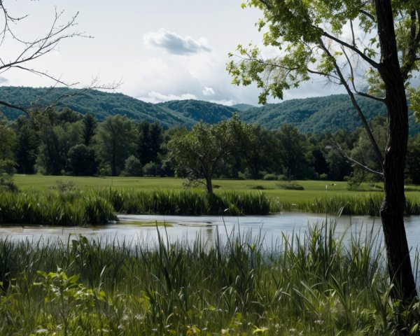 Serene Landscape with Calm Pond and Lush Greenery