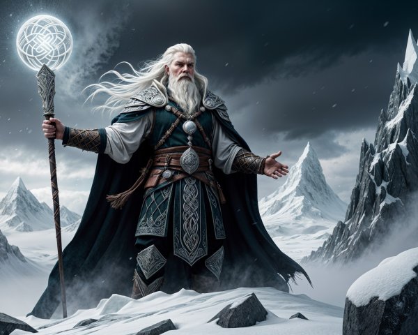 Majestic Wizard in a Snowy Mountain Landscape