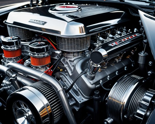 Intricately Designed Chrome Engine with Vibrant Accents