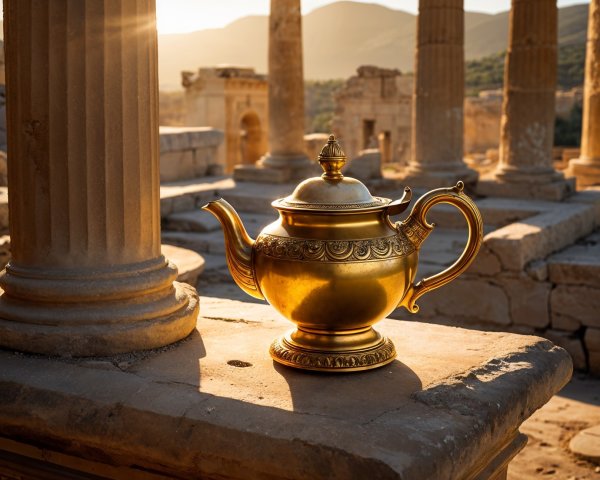 Golden teapot on stone with ancient ruins backdrop