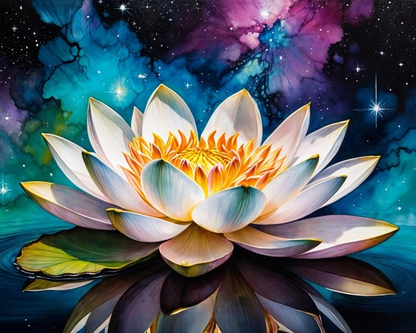 Water Lily on Cosmic Background with Vibrant Colors
