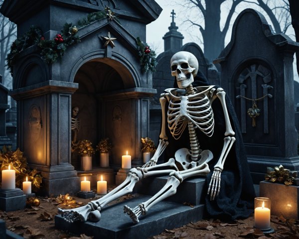 Skeleton in Cape Surrounded by Candles and Decorations