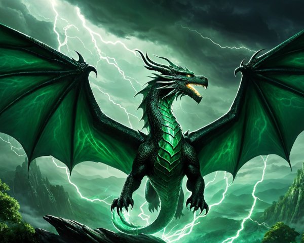 Majestic green dragon with wings in stormy sky