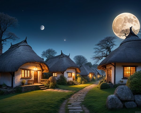 Nighttime Village Scene with Cottages and Moonlight