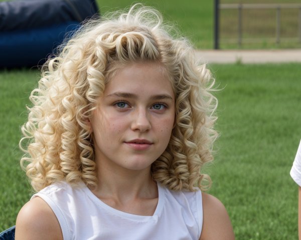 Young girl with curly blonde hair in serene outdoor setting