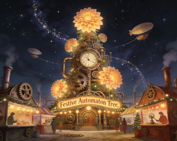 Steampunk Themed Christmas Market with Automaton Tree
