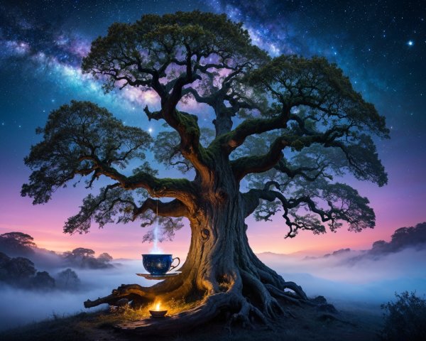 Majestic tree under twilight sky with teacup and flame