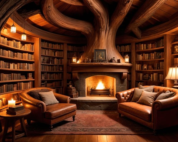 Cozy library with wooden shelves and fireplace setup