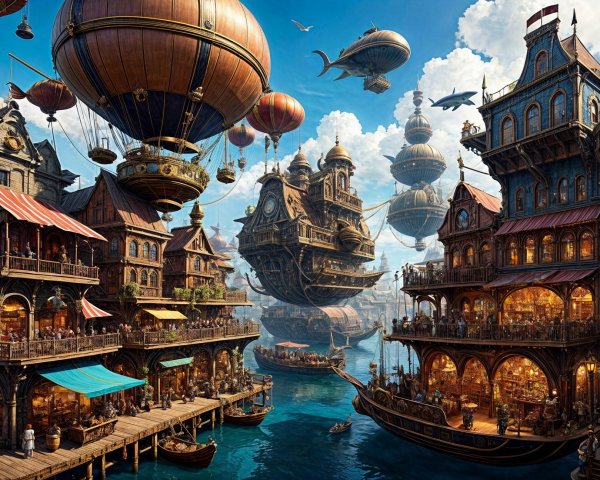 Steampunk-Inspired Harbor Scene with Airships and Stalls
