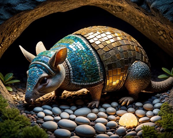 Whimsical Armadillo Sculpture in Cave Setting