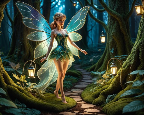 Mystical Fairy in Enchanted Forest with Iridescent Wings