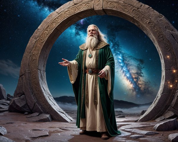 Bearded Figure by Intricate Stone Archway in Cosmic Scene