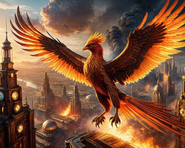 Phoenix in Fiery Sky Above Futuristic Cityscape