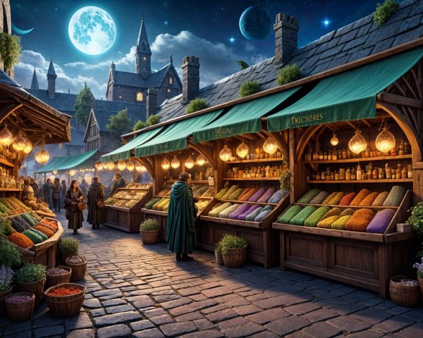 Vibrant Market Scene Under Starry Sky with Rustic Stalls