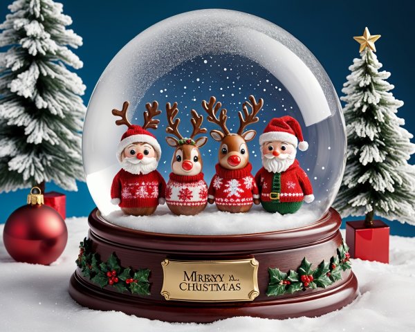Festive Snow Globe with Santa, Reindeer, and Snowman