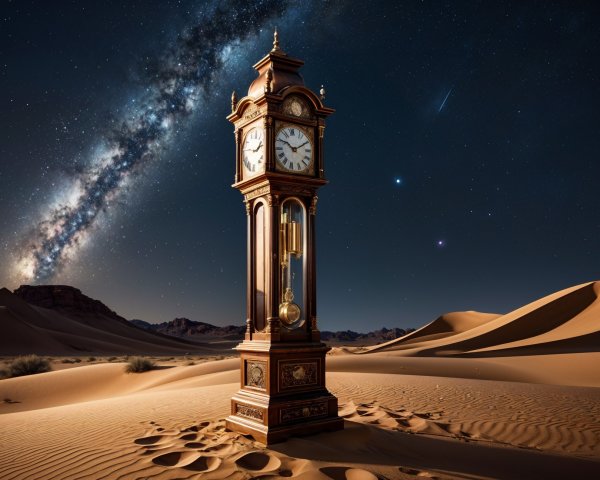 Vintage Grand Clock in Desert Under Starry Sky