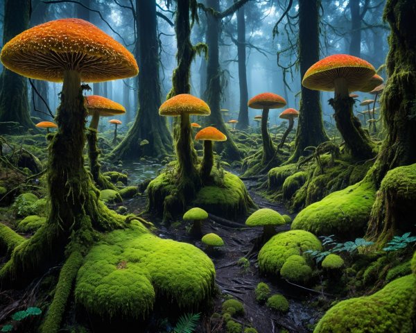 Mystical Forest with Orange-Capped Mushrooms and Moss