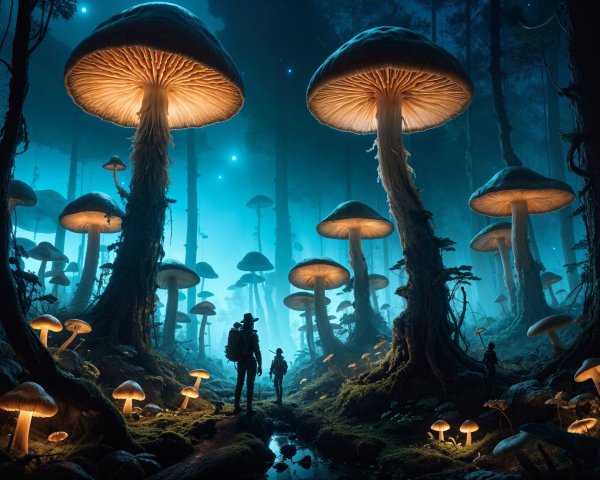 Mystical Forest with Glowing Mushrooms and Stream